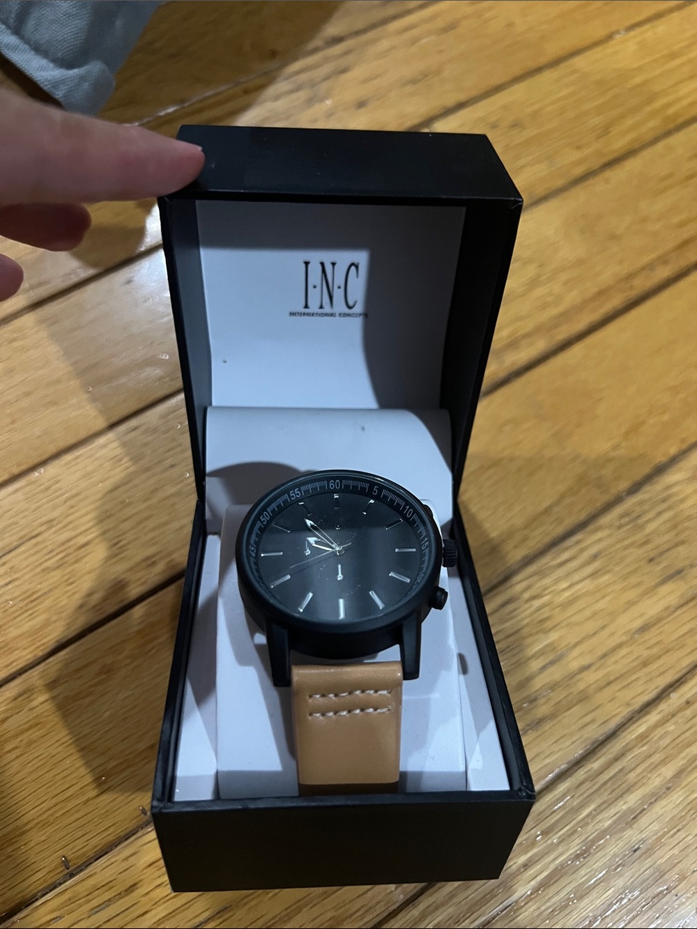 INC International Concepts Black Dial Watch with Tan Leather Strap